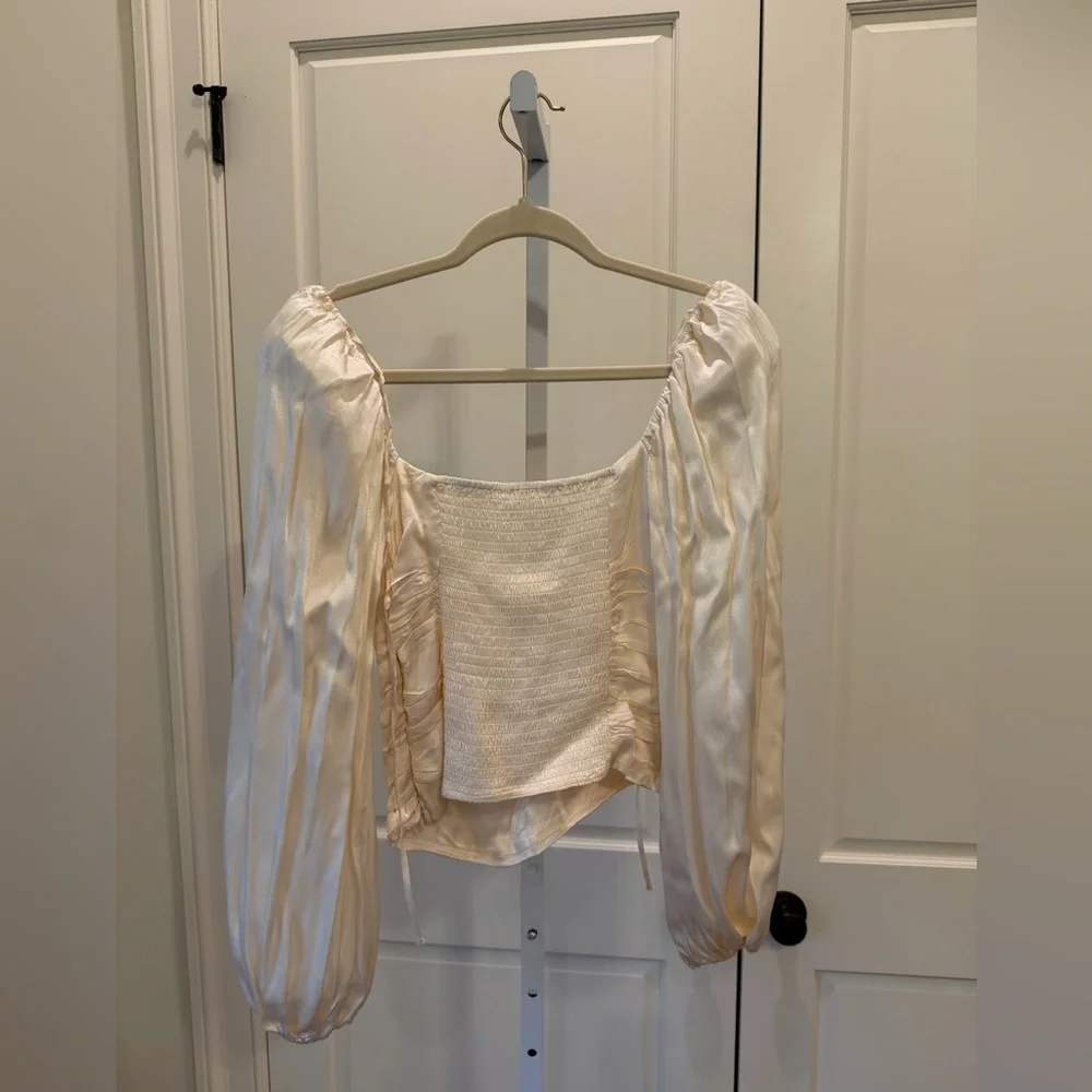 Astr Cream Satin Long-Sleeve Twist Front Blouse